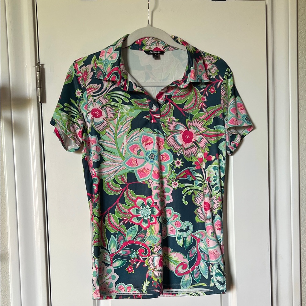 CEGOLFS pink green teal  Floral Short Sleeve Button-Front Polo